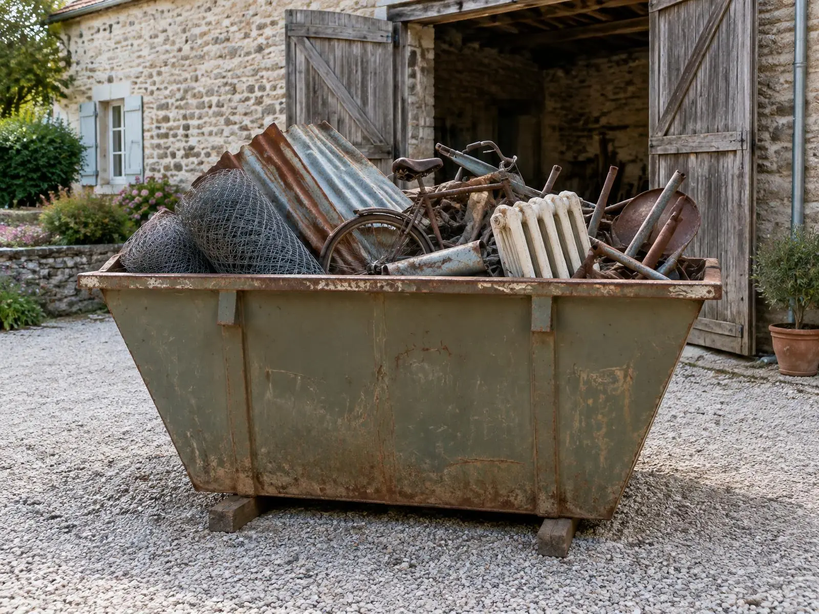 Benne rouillée remplie de ferraille, de tôles et de radiateurs, posée devant une grange en pierre.