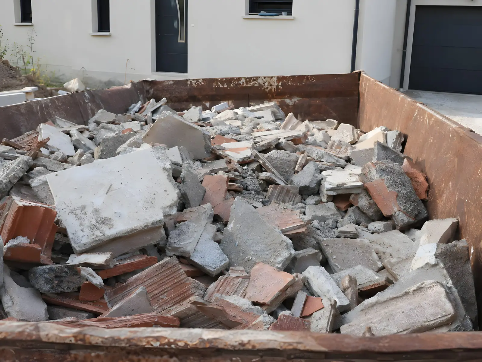 Benne remplie de gravats de démolition : morceaux de béton, briques et tuiles cassées, devant une maison.