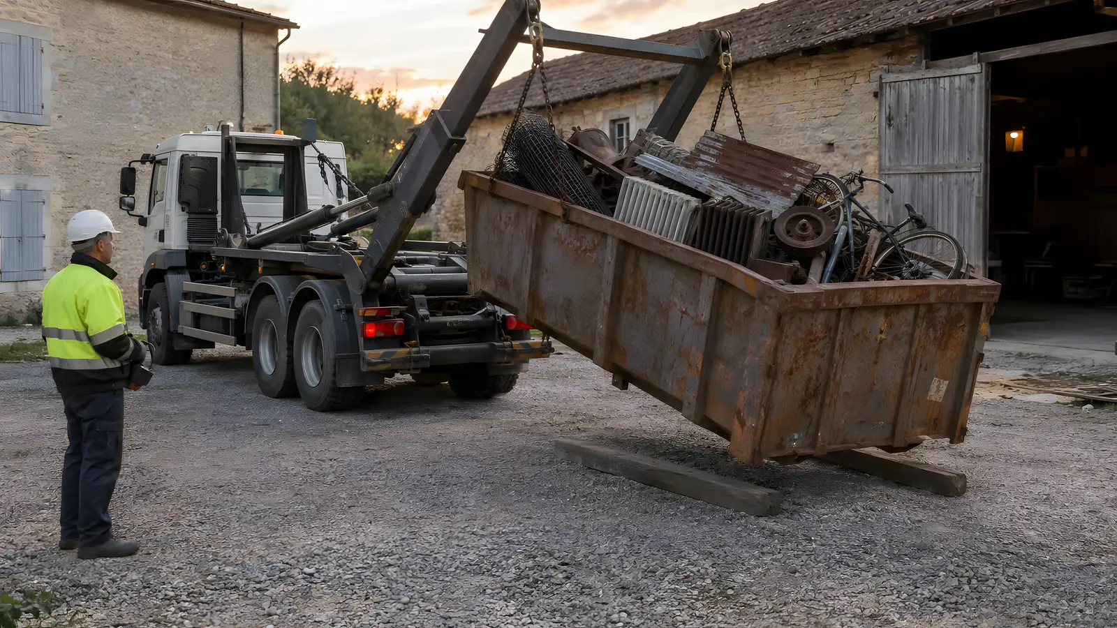 Camion qui soulève une benne pleine de ferraille rouillée sur son bras, dans une cour de ferme.