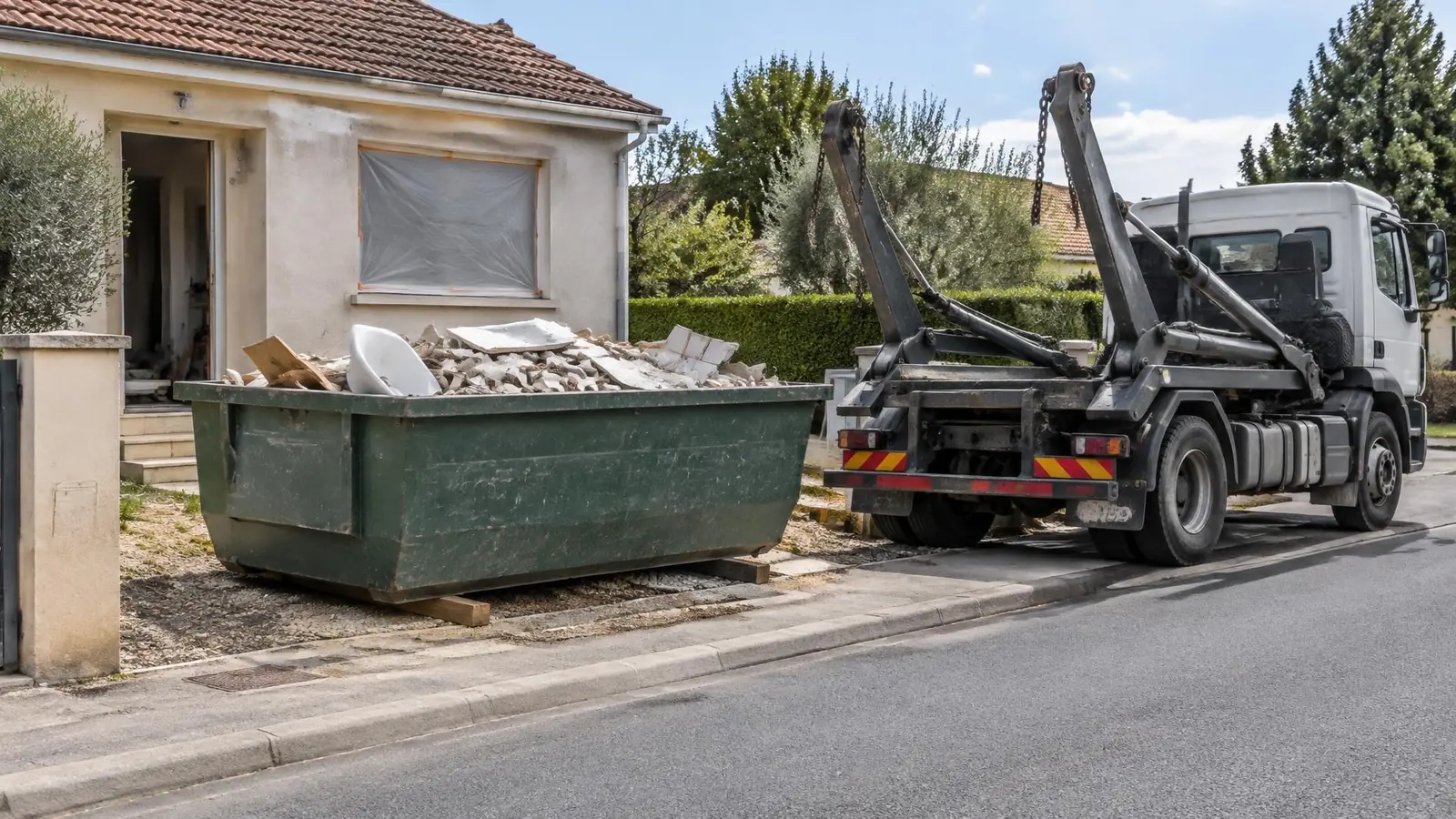 Camion à bras qui vient de poser une benne verte remplie de gravats le long d’un trottoir, devant une maison.