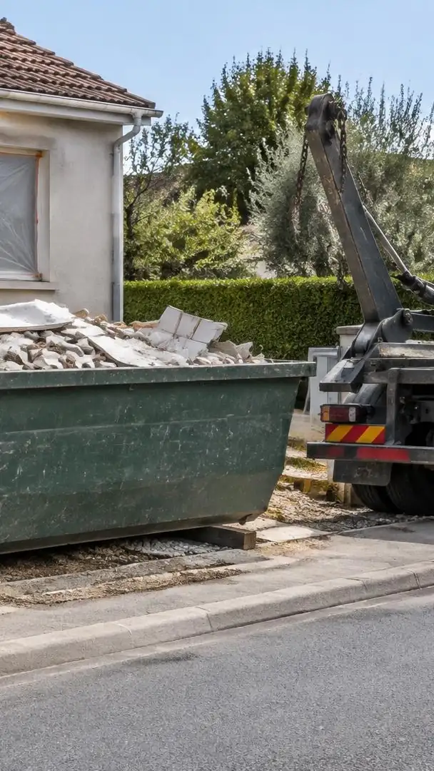 Camion à bras qui vient de poser une benne verte remplie de gravats le long d’un trottoir, devant une maison.