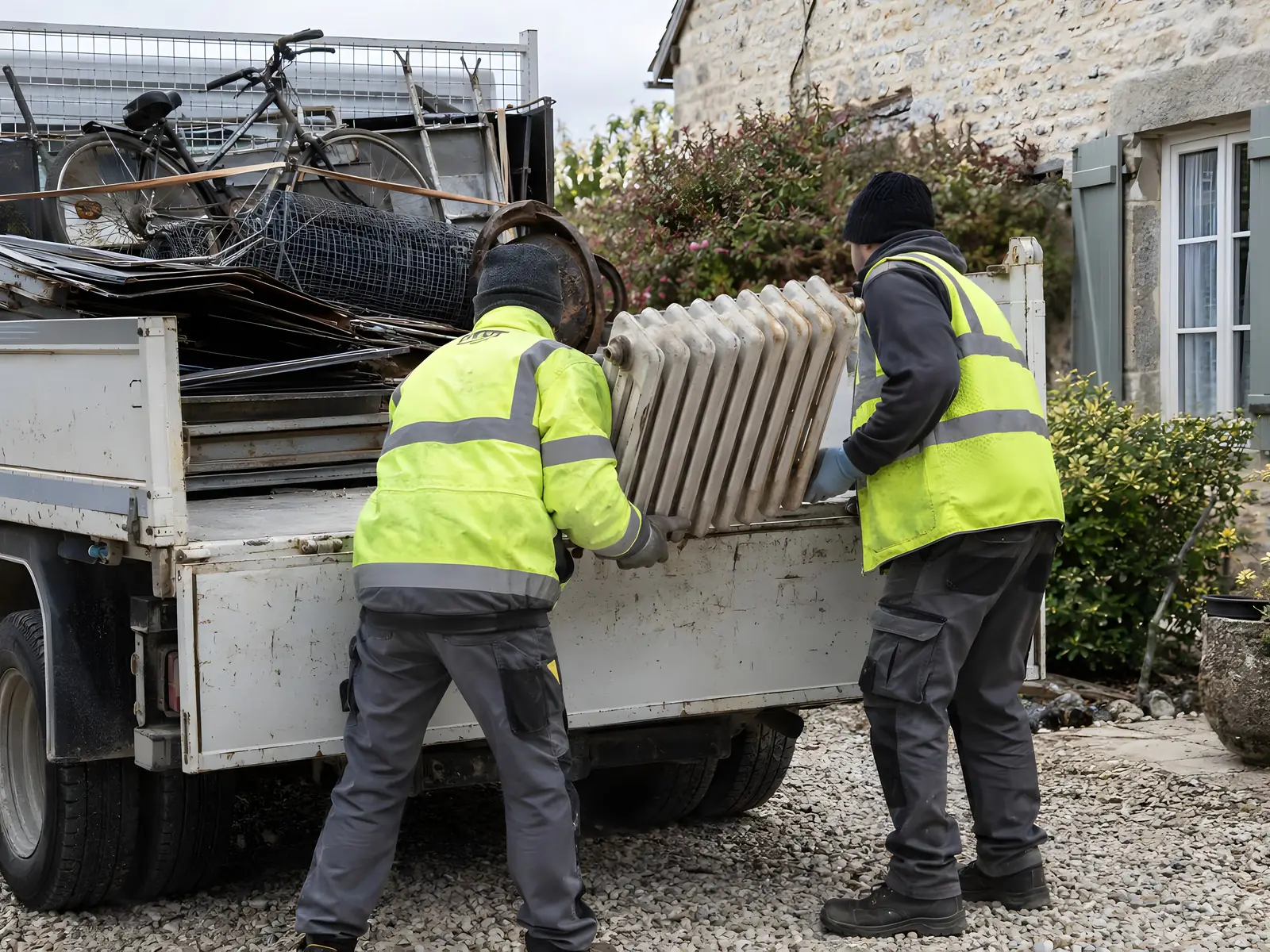Deux hommes en gilet jaune chargent un radiateur en fonte sur le plateau d’un camion déjà rempli de ferraille.