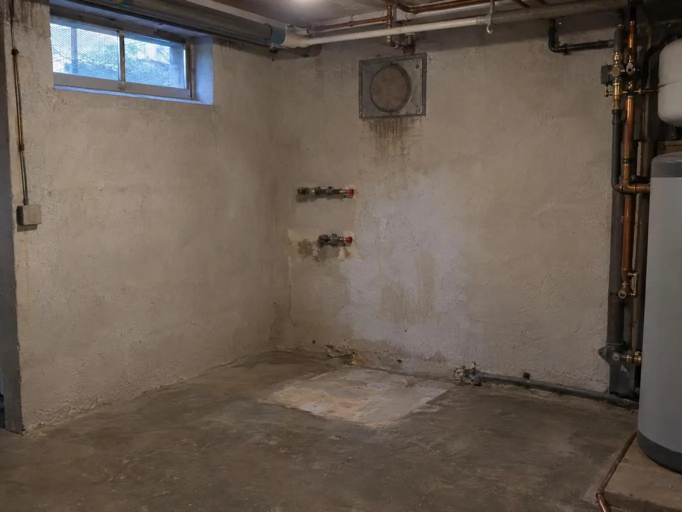 La même chaufferie vidée : mur nu, tuyaux coupés et bouchés, sol dégagé.