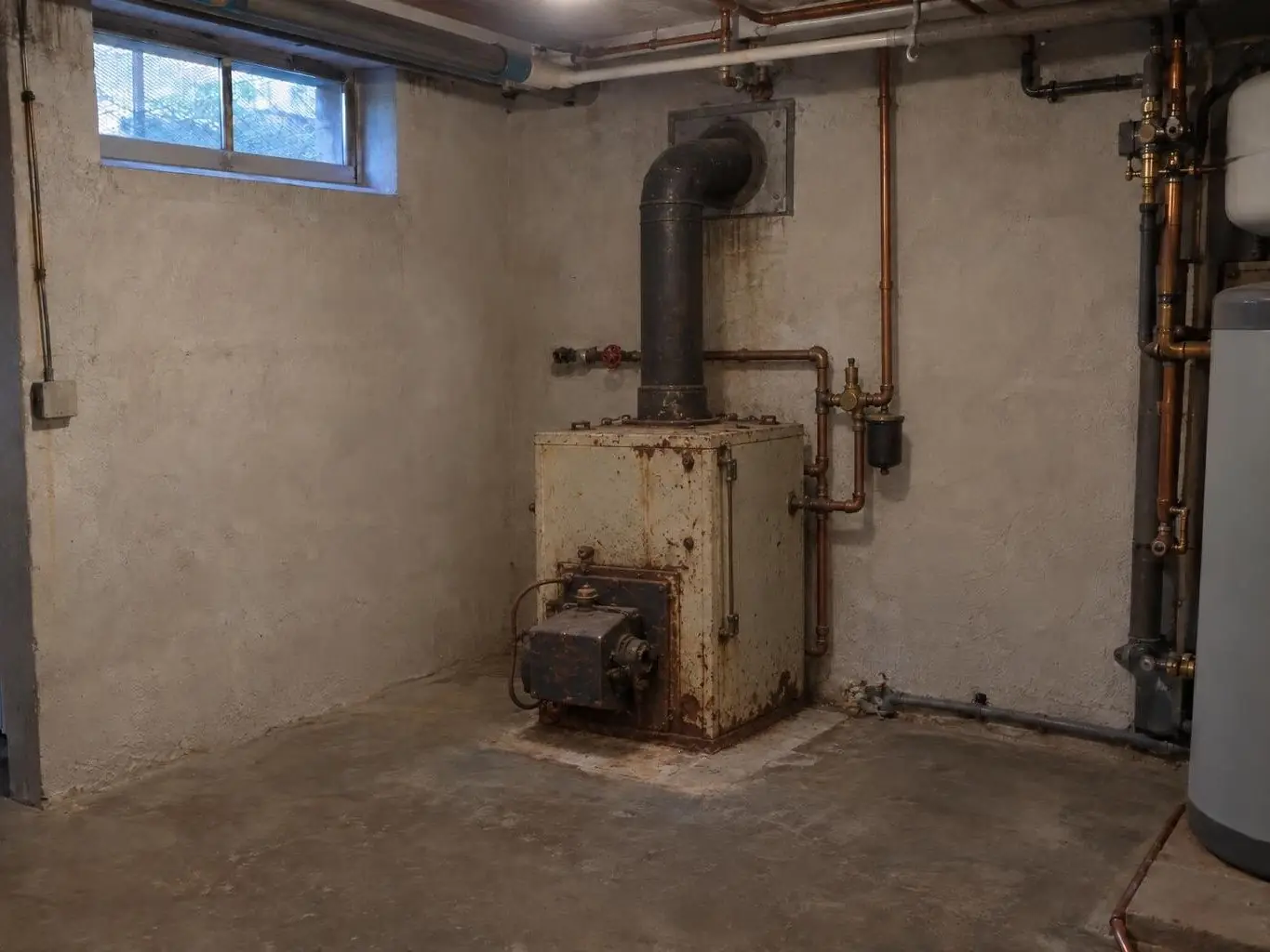 Ancienne chaufferie : une vieille chaudière en fonte et son conduit contre le mur.