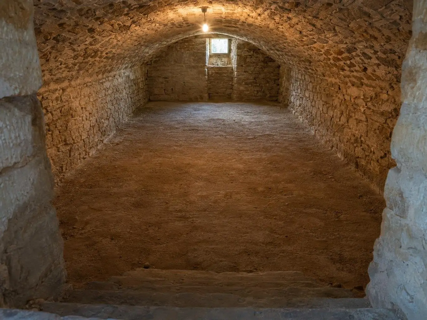 La même cave voûtée vidée : sol de terre battue dégagé, voûte en pierre éclairée.