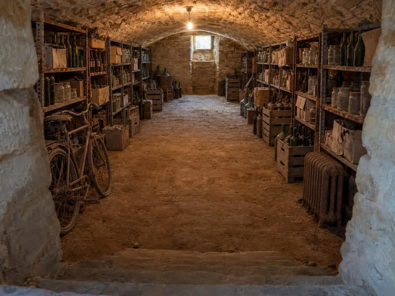 Cave voûtée en pierre remplie d’étagères chargées, de vélos et d’objets entassés.