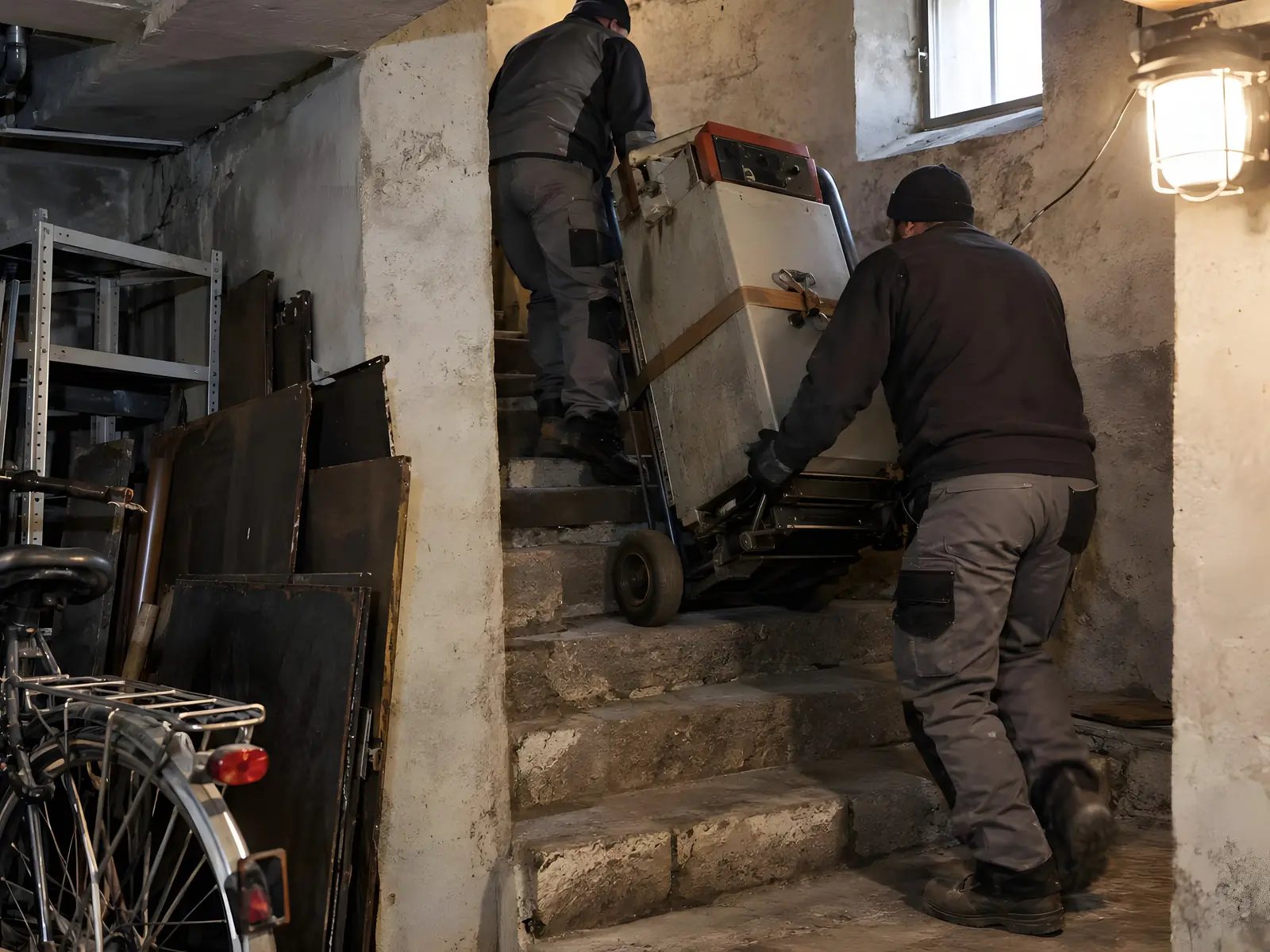 Deux hommes remontent un réfrigérateur sur un diable dans l’escalier en pierre d’une cave.