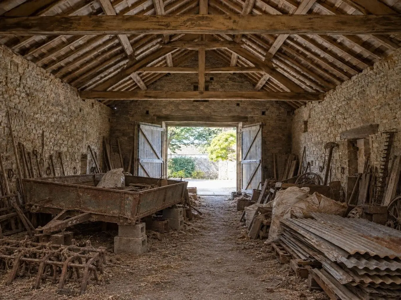 Grange en pierre à charpente apparente, encombrée de planches, de vieux outils agricoles et de bois.