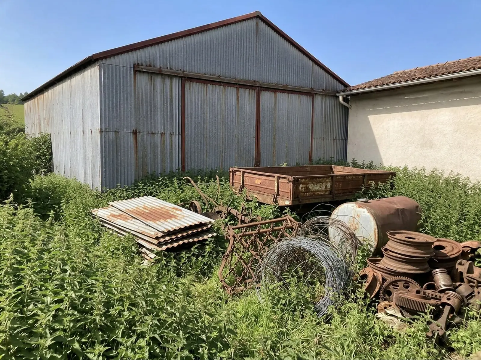 Hangar en tôle devant lequel s’entassent des tôles, une remorque rouillée, du grillage et des pièces de ferraille dans l’herbe.