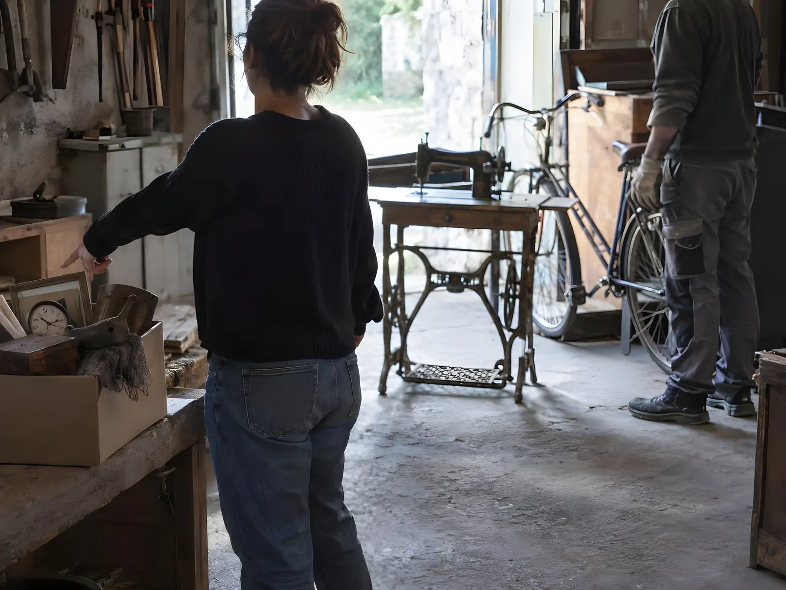 Dans une pièce encombrée de cartons, une personne trie des objets ; une machine à coudre ancienne et un vélo attendent d’être emportés.