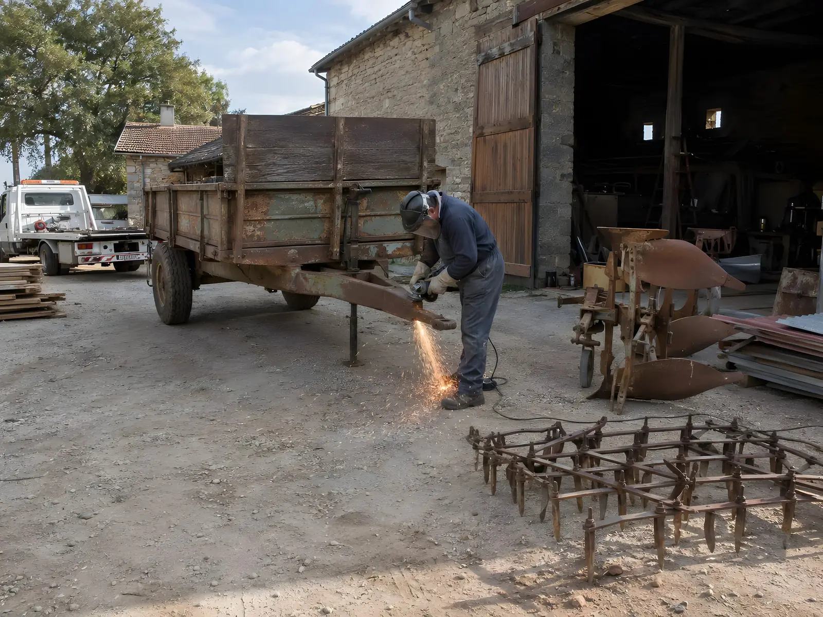 Découpe d’une vieille herse à la disqueuse dans une cour, gerbe d’étincelles, une remorque rouillée à côté.