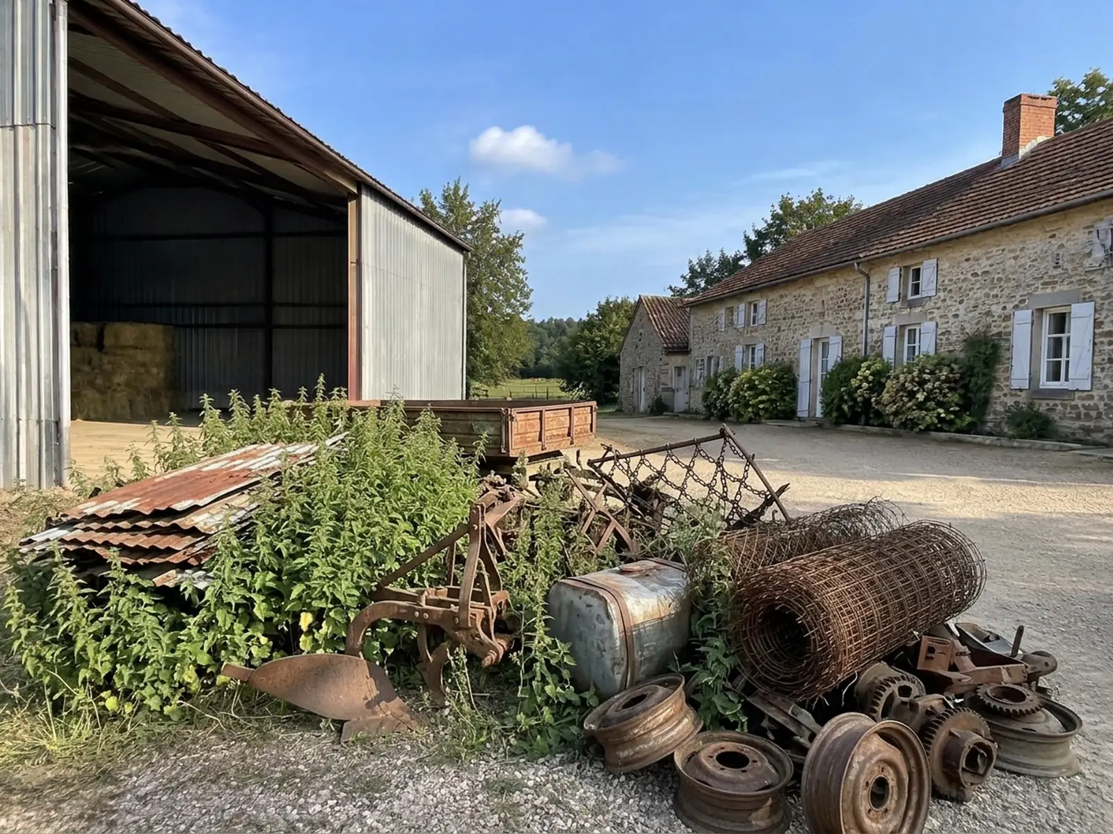 Cour de ferme encombrée de ferraille : tôles, grillage roulé, jantes et pièces rouillées devant un hangar ouvert.