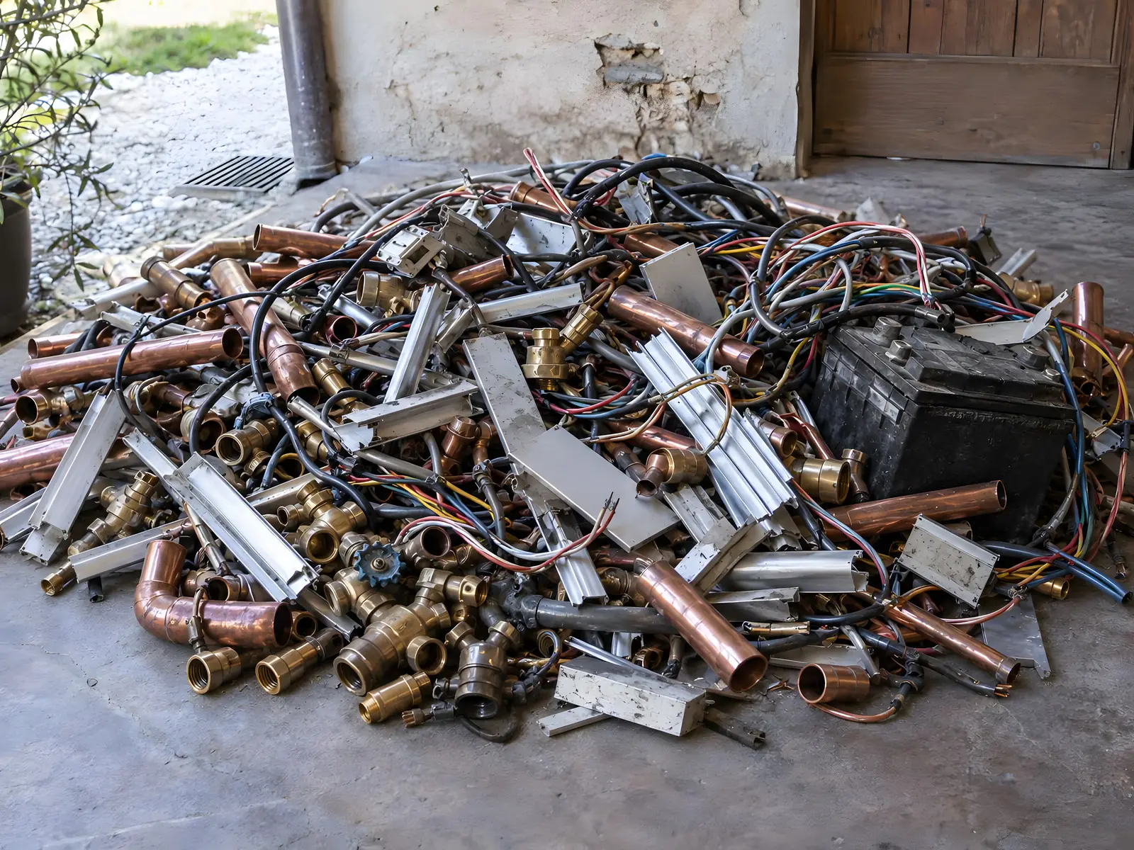 Tas de métaux mélangés sur un sol de garage : tuyaux de cuivre, laiton, câbles, profilés d’aluminium et une batterie.