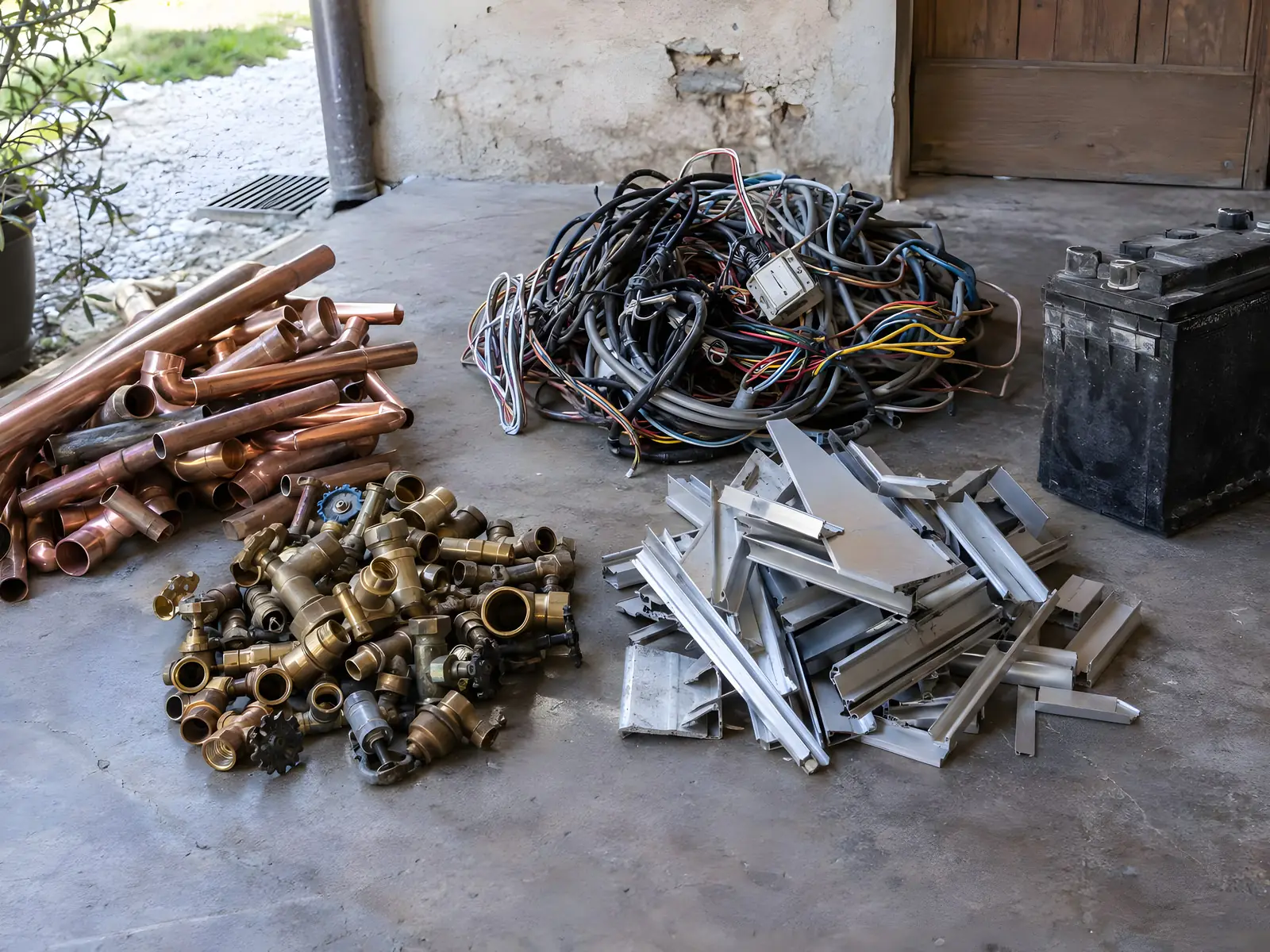 Les mêmes métaux triés en petits tas séparés : cuivre, laiton, câbles, aluminium.