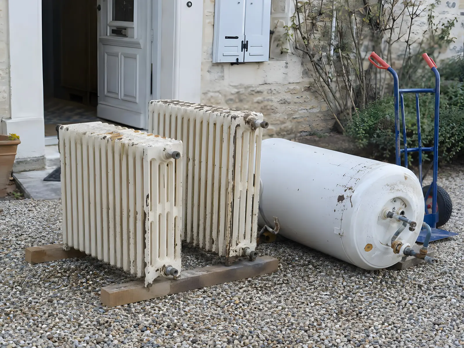 Deux radiateurs en fonte et un vieux ballon d’eau chaude posés devant une maison, prêts à être enlevés.