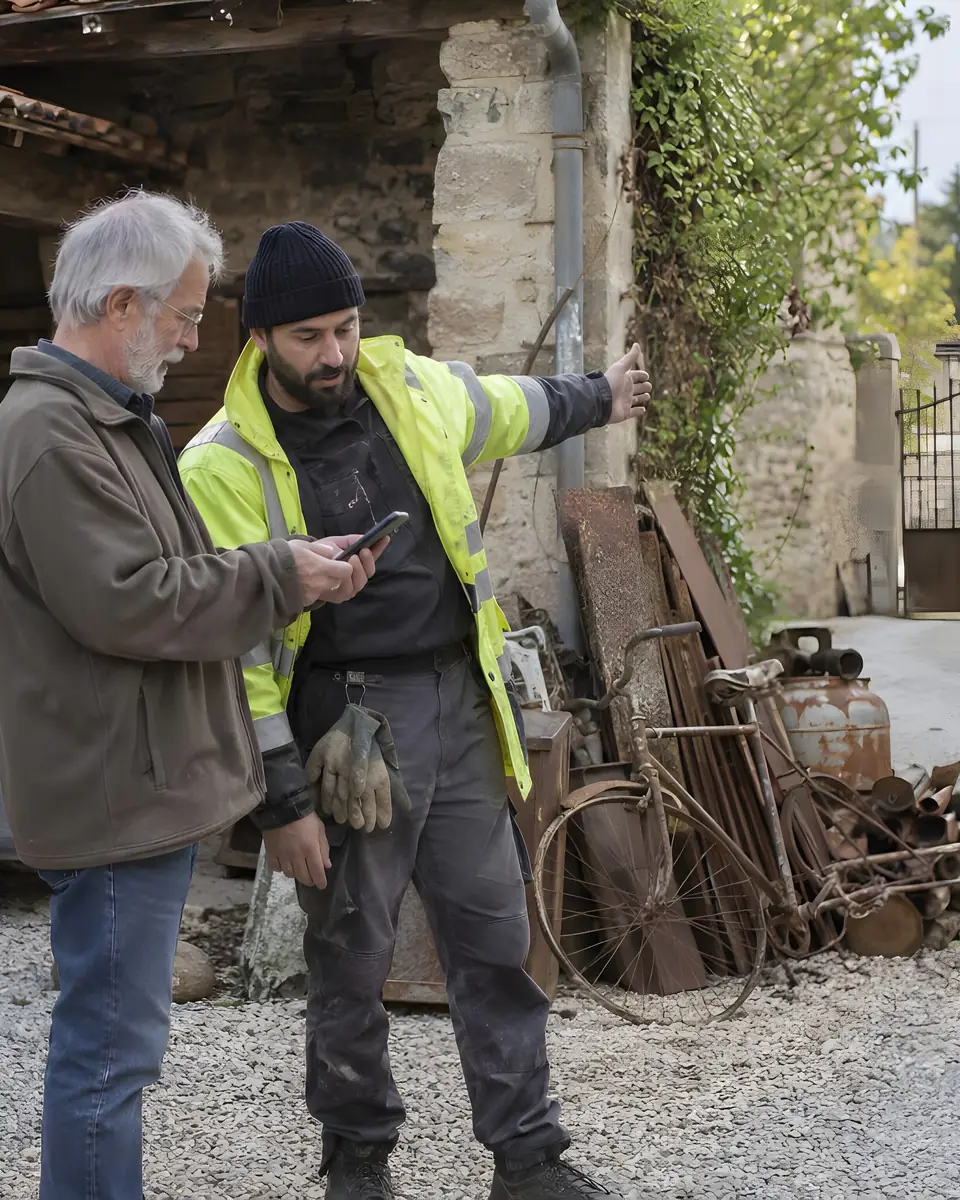 Un propriétaire montre à un professionnel en gilet jaune la ferraille et les objets à enlever au fond de sa cour.
